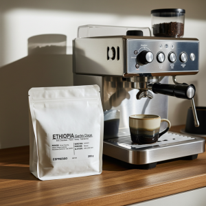 Bag of beans next to a coffee machine